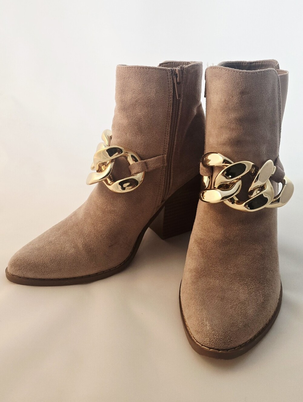 Taupe Faux-Suede Ankle Boot with Chunky Gold Chain Accent